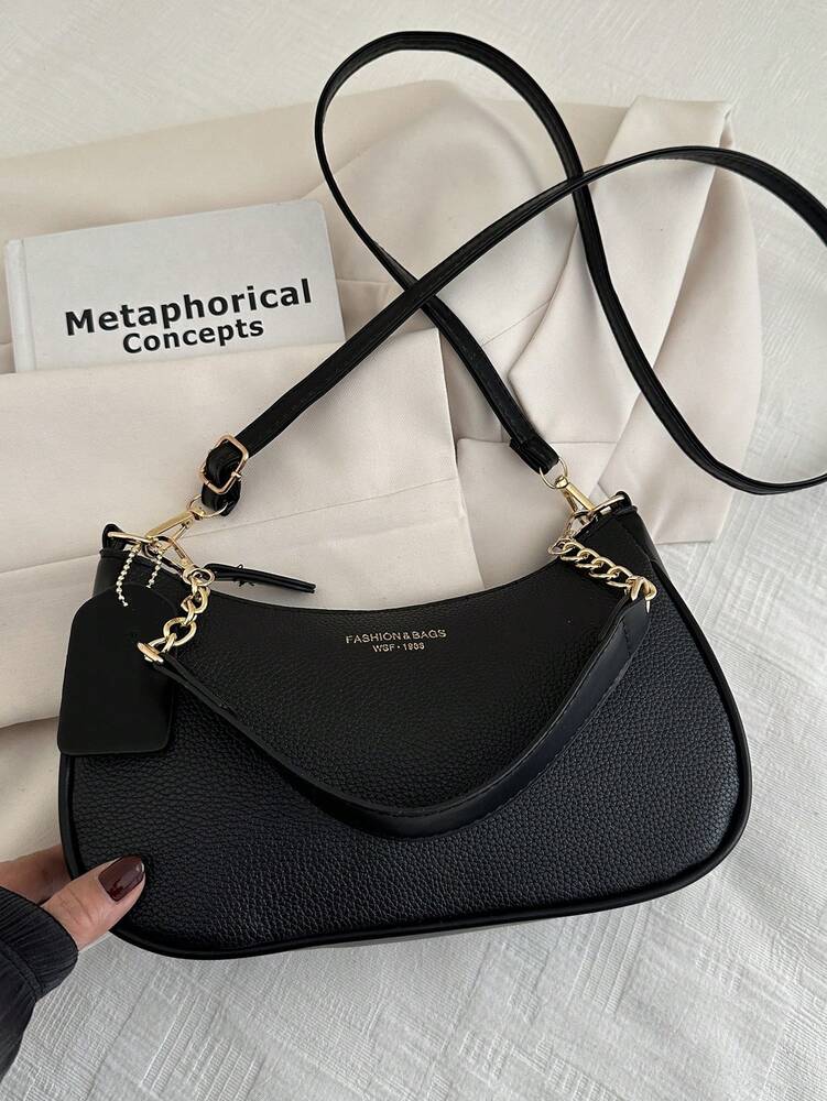 Solid Color Letter Print Crossbody Bag With Chain Strap Simple Armpit Purse Fashion Shoulder Tote For Office Travel School Business Use