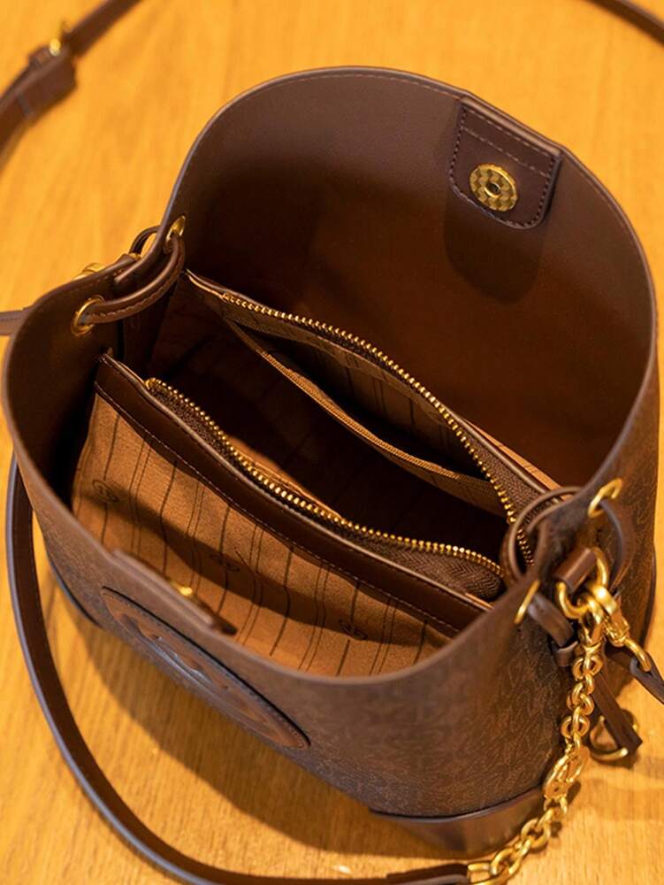 Women's Light Luxury Printed Bucket Bag Shoulder Handbag Old Money Style Fashion Purse Crossbody Tote Elegant Daily Casual Office Wear