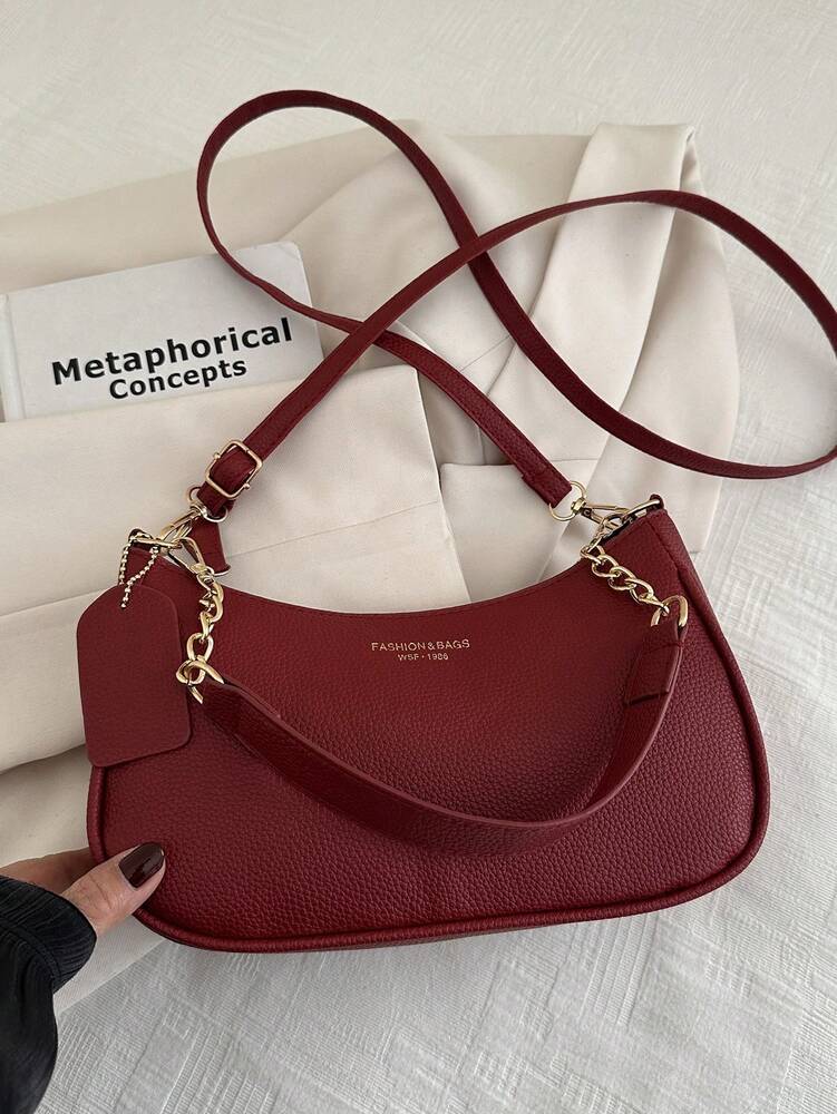 Solid Color Letter Print Crossbody Bag With Chain Strap Simple Armpit Purse Fashion Shoulder Tote For Office Travel School Business Use