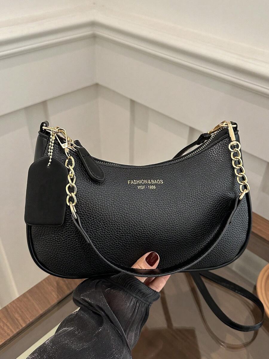 Solid Color Letter Print Crossbody Bag With Chain Strap Simple Armpit Purse Fashion Shoulder Tote For Office Travel School Business Use