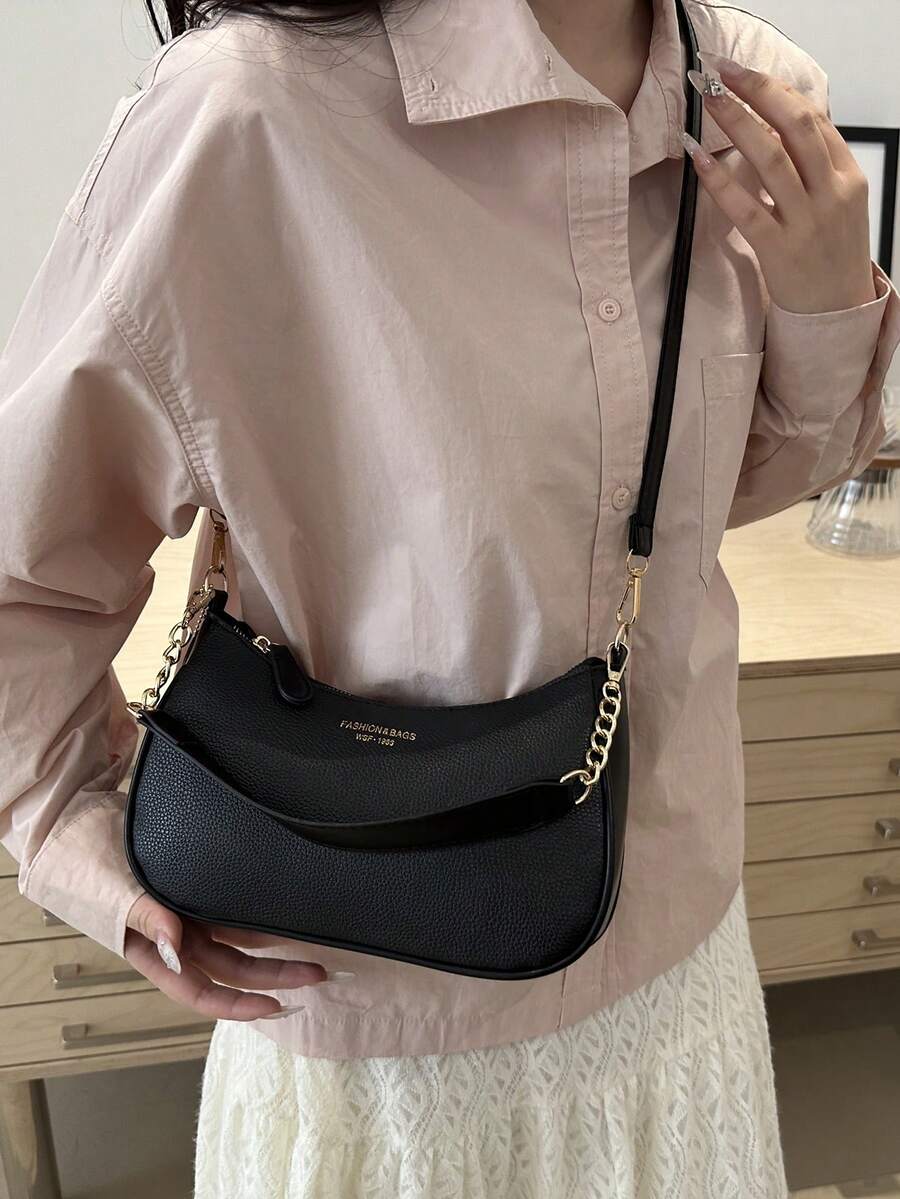Solid Color Letter Print Crossbody Bag With Chain Strap Simple Armpit Purse Fashion Shoulder Tote For Office Travel School Business Use