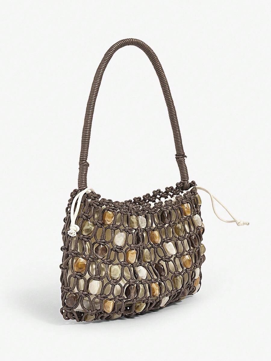 Women's Crochet Shoulder Bag With Acrylic Beads Elegant Hobo Purse Vacation Beach Summer Holiday Seaside Party Fashion Tote For Ladies
