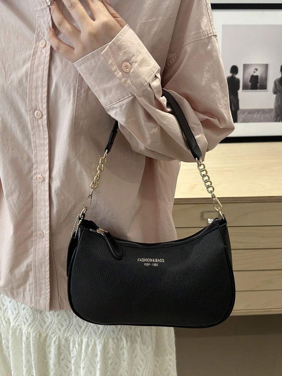 Solid Color Letter Print Crossbody Bag With Chain Strap Simple Armpit Purse Fashion Shoulder Tote For Office Travel School Business Use