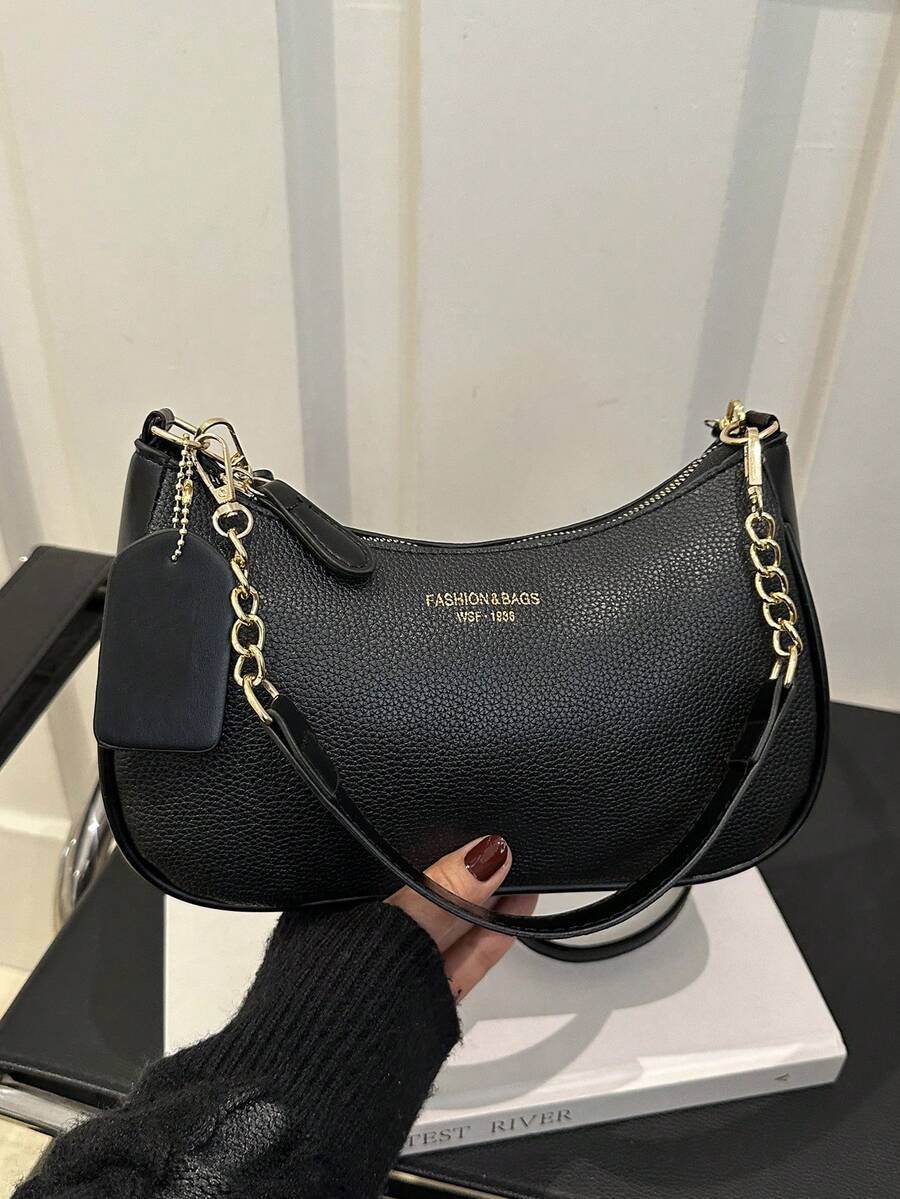 Solid Color Letter Print Crossbody Bag With Chain Strap Simple Armpit Purse Fashion Shoulder Tote For Office Travel School Business Use