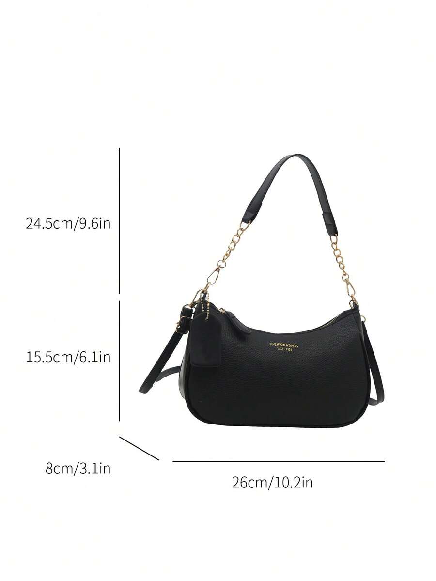 Solid Color Letter Print Crossbody Bag With Chain Strap Simple Armpit Purse Fashion Shoulder Tote For Office Travel School Business Use