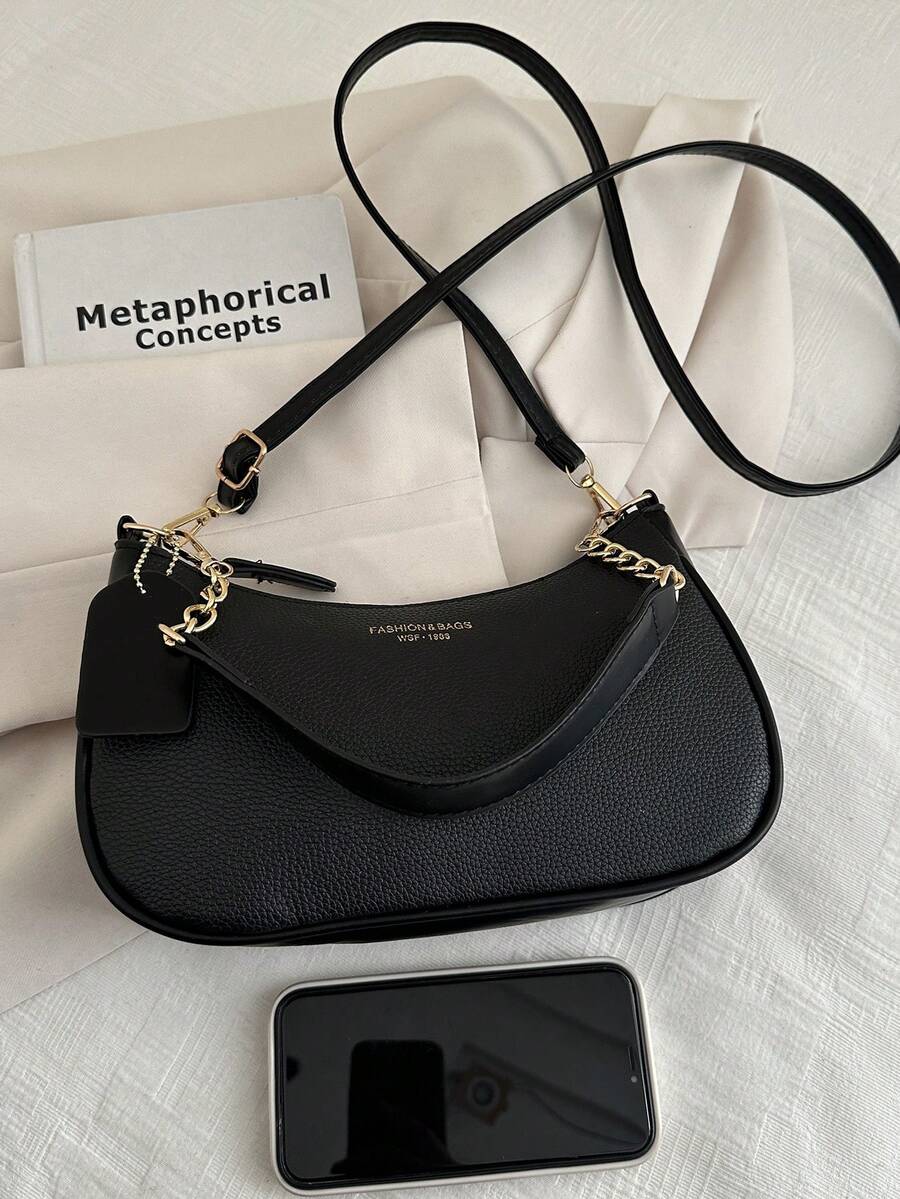 Solid Color Letter Print Crossbody Bag With Chain Strap Simple Armpit Purse Fashion Shoulder Tote For Office Travel School Business Use