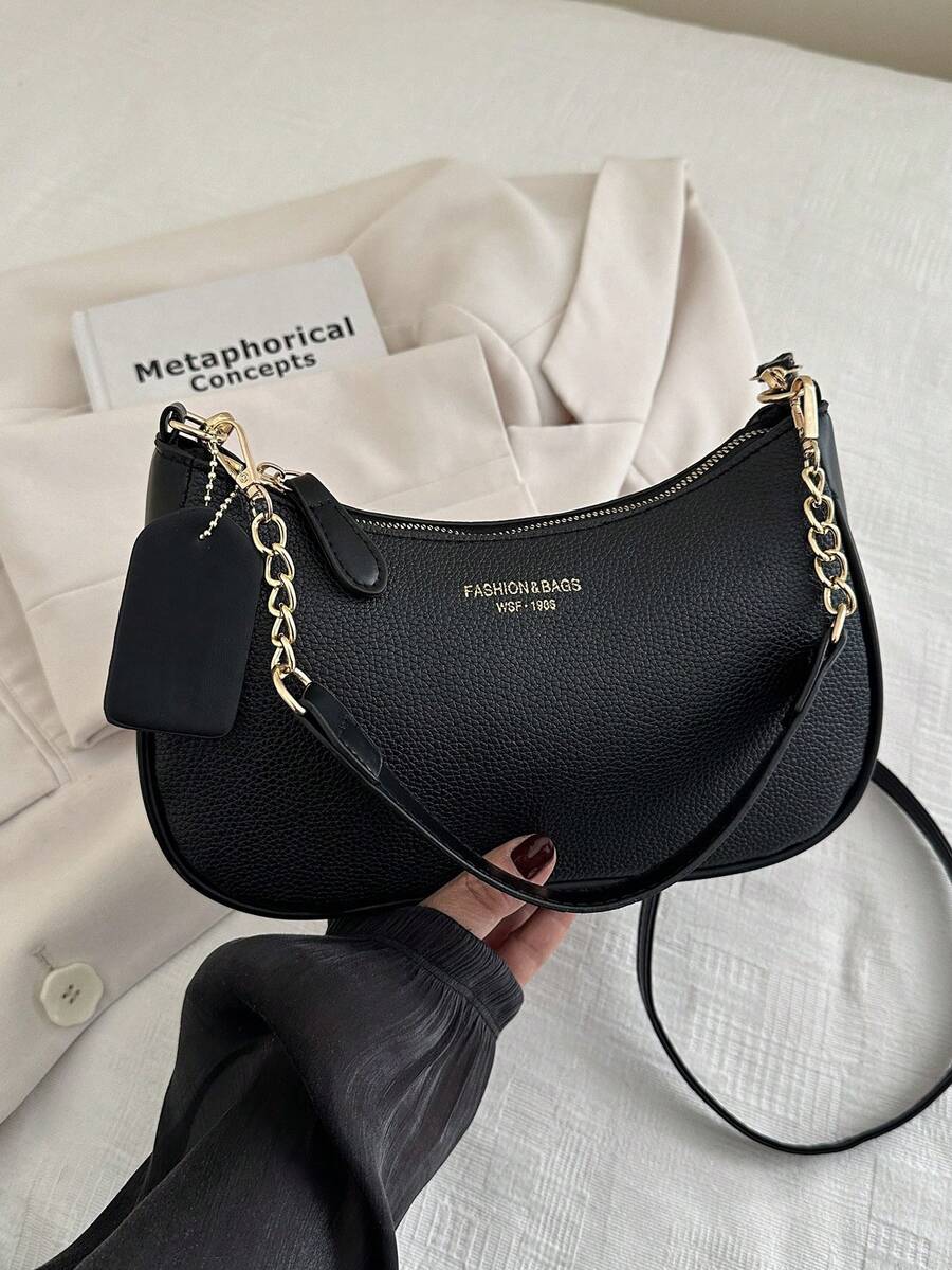 Solid Color Letter Print Crossbody Bag With Chain Strap Simple Armpit Purse Fashion Shoulder Tote For Office Travel School Business Use
