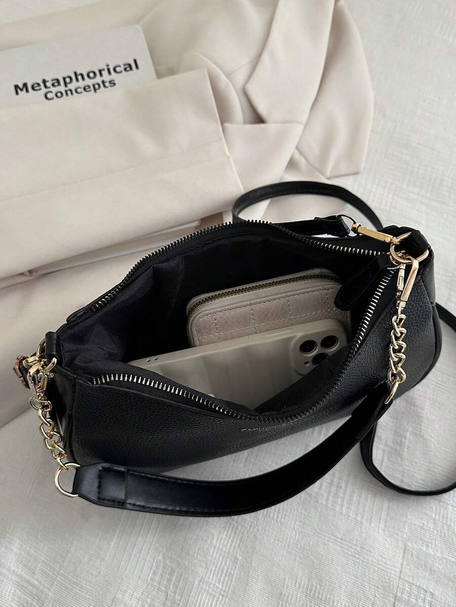Solid Color Letter Print Crossbody Bag With Chain Strap Simple Armpit Purse Fashion Shoulder Tote For Office Travel School Business Use