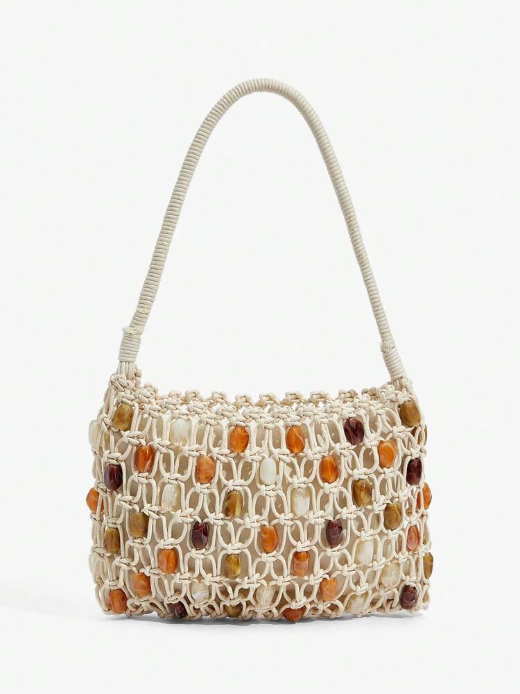 Women's Crochet Shoulder Bag With Acrylic Beads Elegant Hobo Purse Vacation Beach Summer Holiday Seaside Party Fashion Tote For Ladies