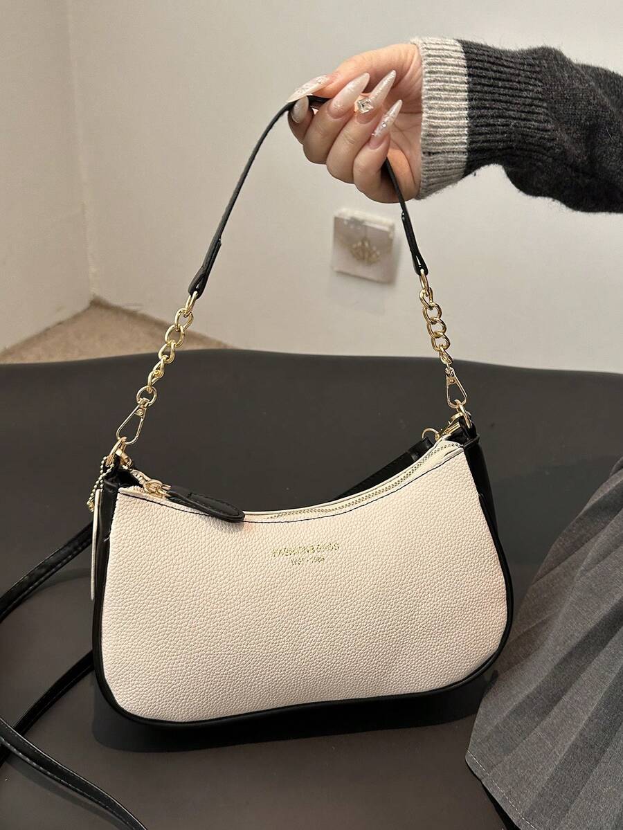 Solid Color Letter Print Crossbody Bag With Chain Strap Simple Armpit Purse Fashion Shoulder Tote For Office Travel School Business Use