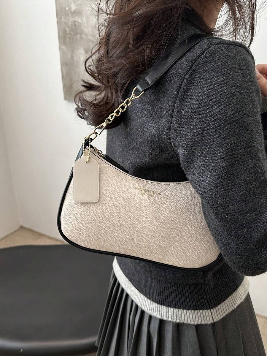 Solid Color Letter Print Crossbody Bag With Chain Strap Simple Armpit Purse Fashion Shoulder Tote For Office Travel School Business Use