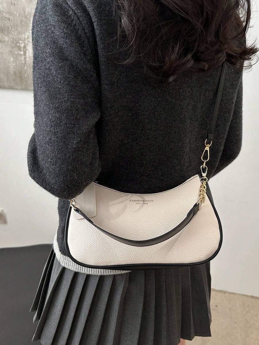 Solid Color Letter Print Crossbody Bag With Chain Strap Simple Armpit Purse Fashion Shoulder Tote For Office Travel School Business Use