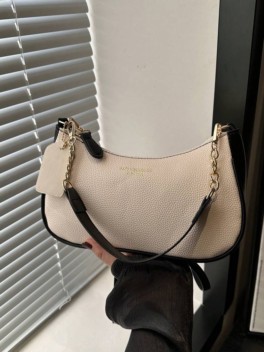 Solid Color Letter Print Crossbody Bag With Chain Strap Simple Armpit Purse Fashion Shoulder Tote For Office Travel School Business Use