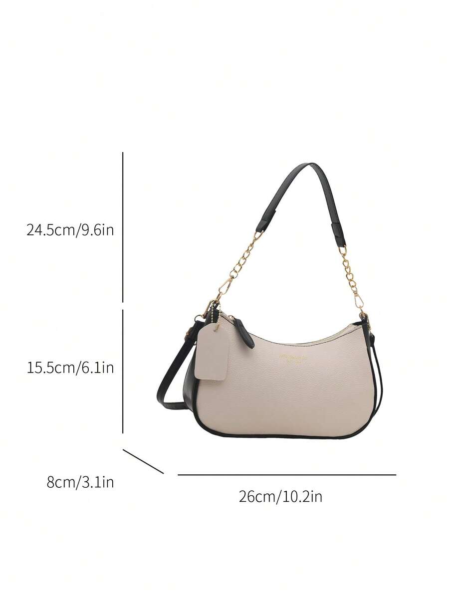 Solid Color Letter Print Crossbody Bag With Chain Strap Simple Armpit Purse Fashion Shoulder Tote For Office Travel School Business Use