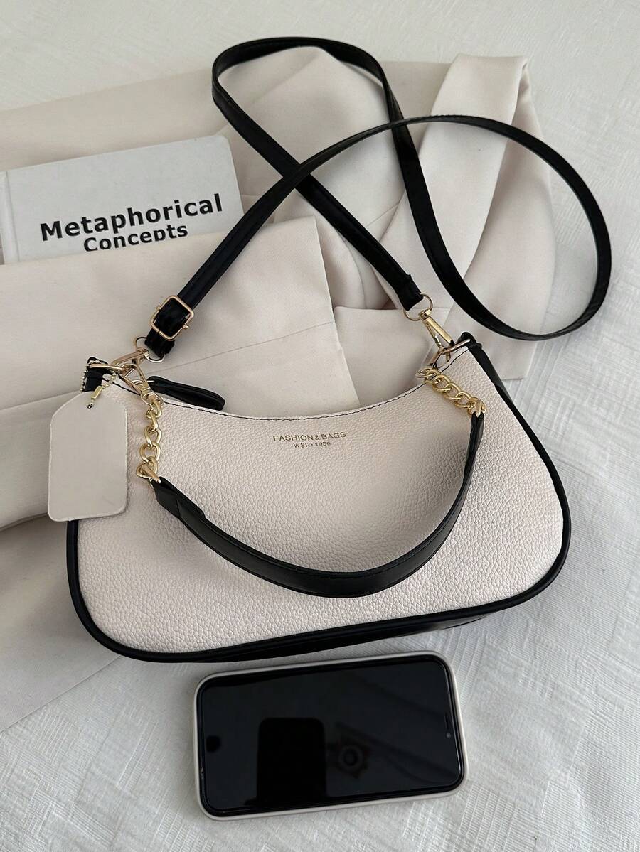 Solid Color Letter Print Crossbody Bag With Chain Strap Simple Armpit Purse Fashion Shoulder Tote For Office Travel School Business Use
