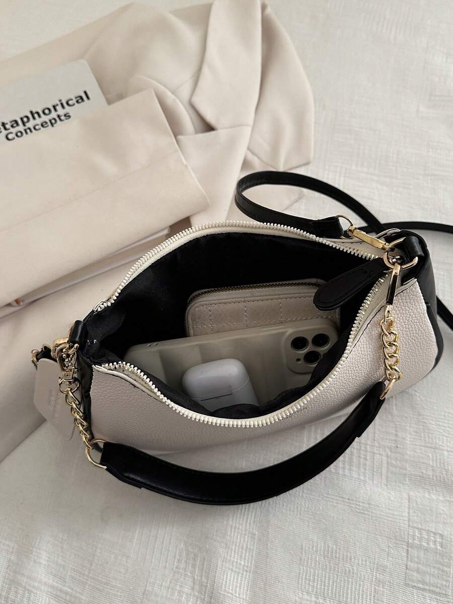 Solid Color Letter Print Crossbody Bag With Chain Strap Simple Armpit Purse Fashion Shoulder Tote For Office Travel School Business Use