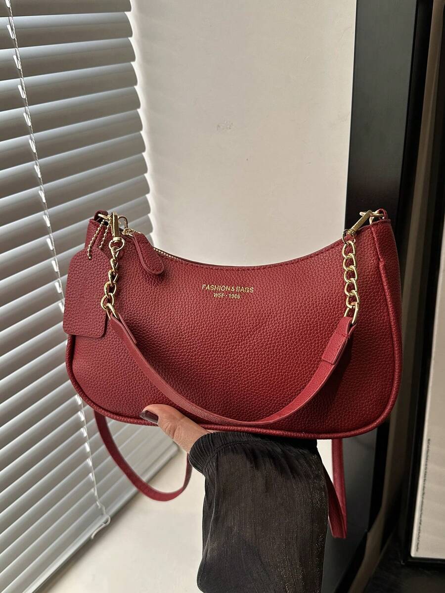 Solid Color Letter Print Crossbody Bag With Chain Strap Simple Armpit Purse Fashion Shoulder Tote For Office Travel School Business Use