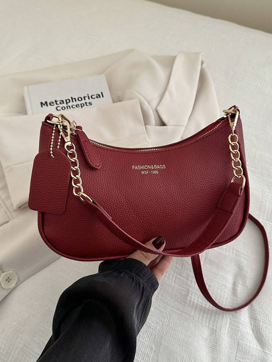 Solid Color Letter Print Crossbody Bag With Chain Strap Simple Armpit Purse Fashion Shoulder Tote For Office Travel School Business Use