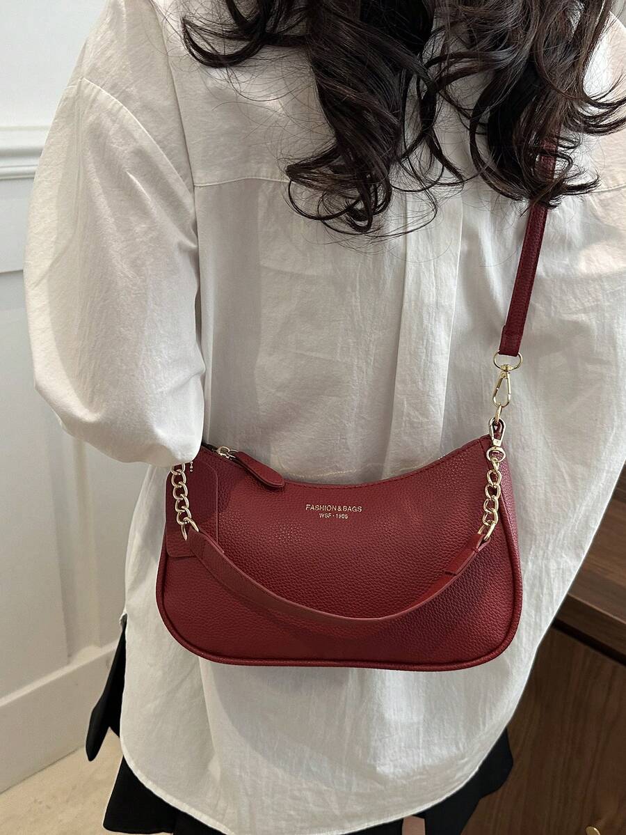 Solid Color Letter Print Crossbody Bag With Chain Strap Simple Armpit Purse Fashion Shoulder Tote For Office Travel School Business Use