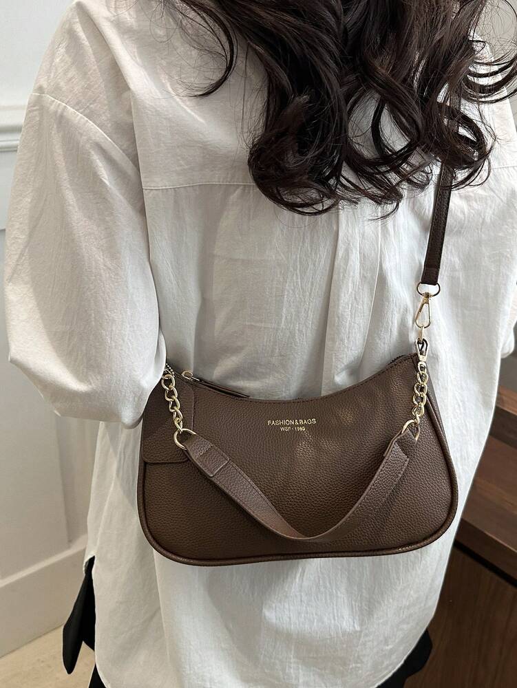 Solid Color Letter Print Crossbody Bag With Chain Strap Simple Armpit Purse Fashion Shoulder Tote For Office Travel School Business Use
