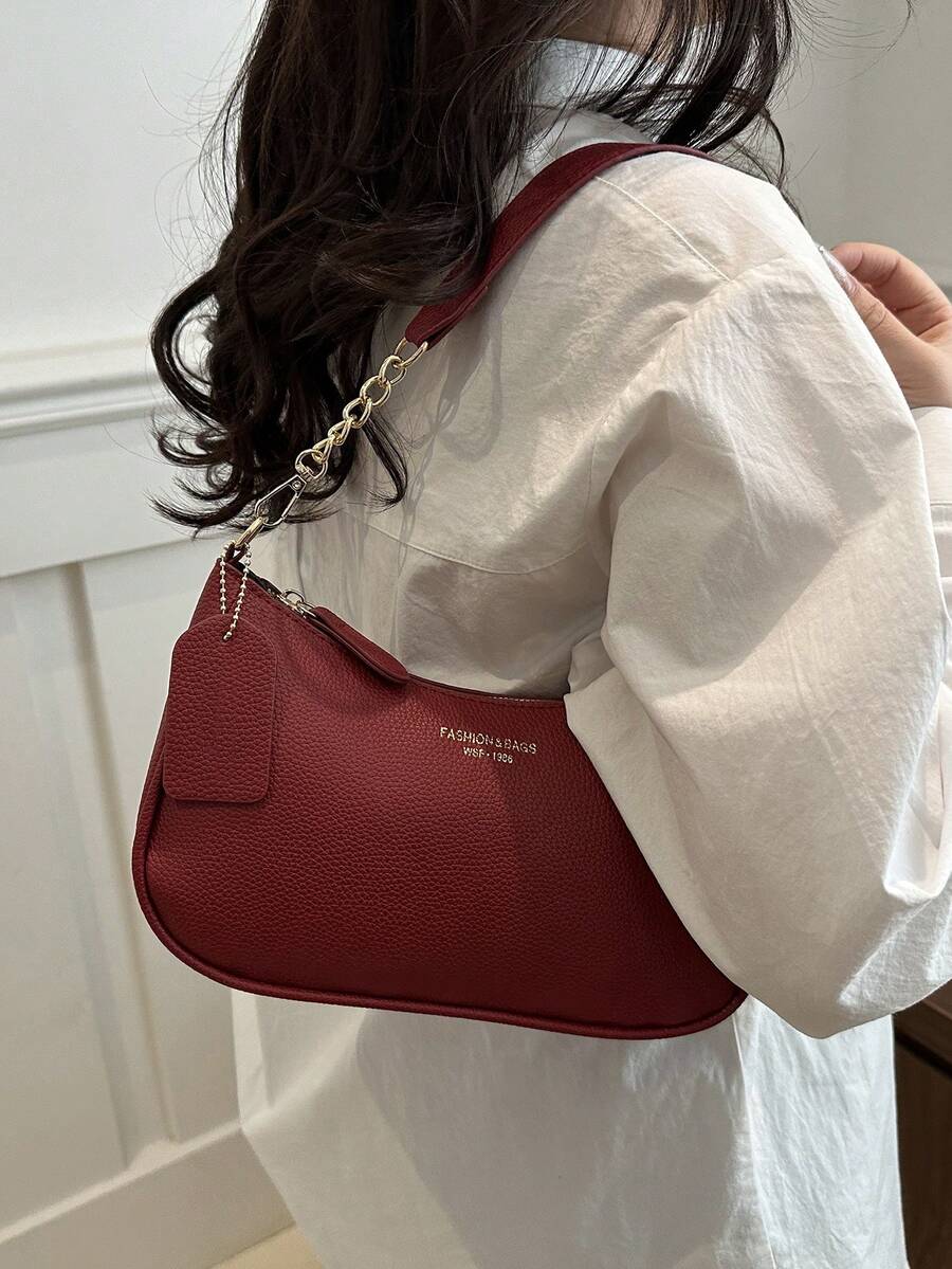 Solid Color Letter Print Crossbody Bag With Chain Strap Simple Armpit Purse Fashion Shoulder Tote For Office Travel School Business Use