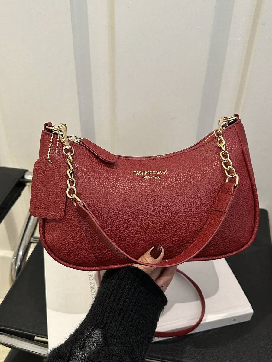 Solid Color Letter Print Crossbody Bag With Chain Strap Simple Armpit Purse Fashion Shoulder Tote For Office Travel School Business Use