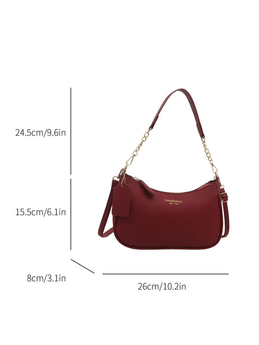 Solid Color Letter Print Crossbody Bag With Chain Strap Simple Armpit Purse Fashion Shoulder Tote For Office Travel School Business Use