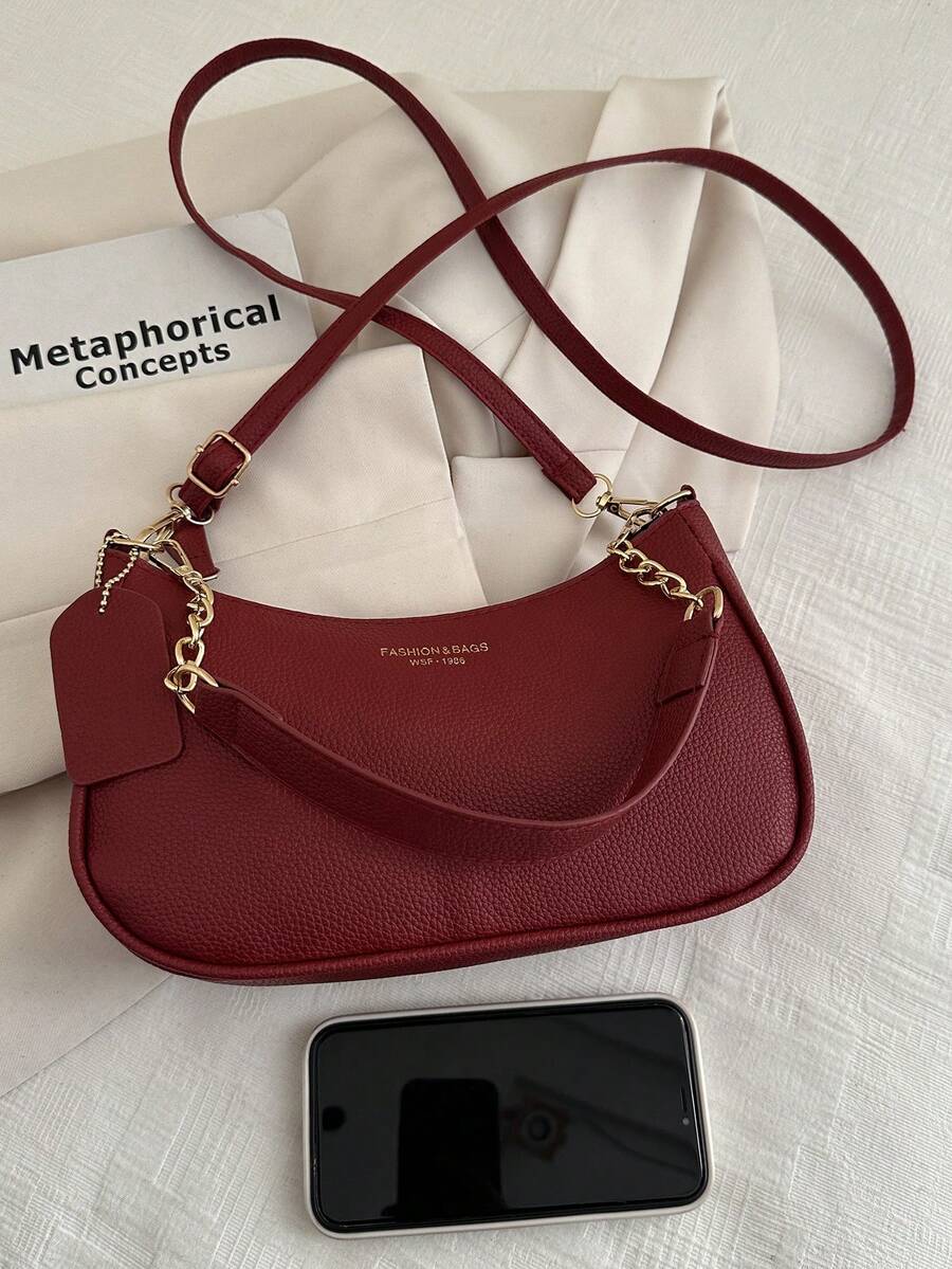 Solid Color Letter Print Crossbody Bag With Chain Strap Simple Armpit Purse Fashion Shoulder Tote For Office Travel School Business Use