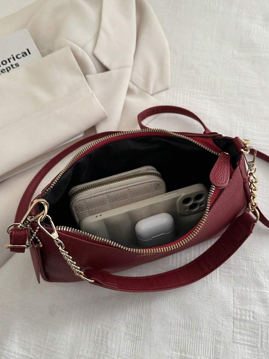 Solid Color Letter Print Crossbody Bag With Chain Strap Simple Armpit Purse Fashion Shoulder Tote For Office Travel School Business Use