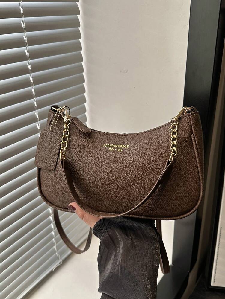 Solid Color Letter Print Crossbody Bag With Chain Strap Simple Armpit Purse Fashion Shoulder Tote For Office Travel School Business Use