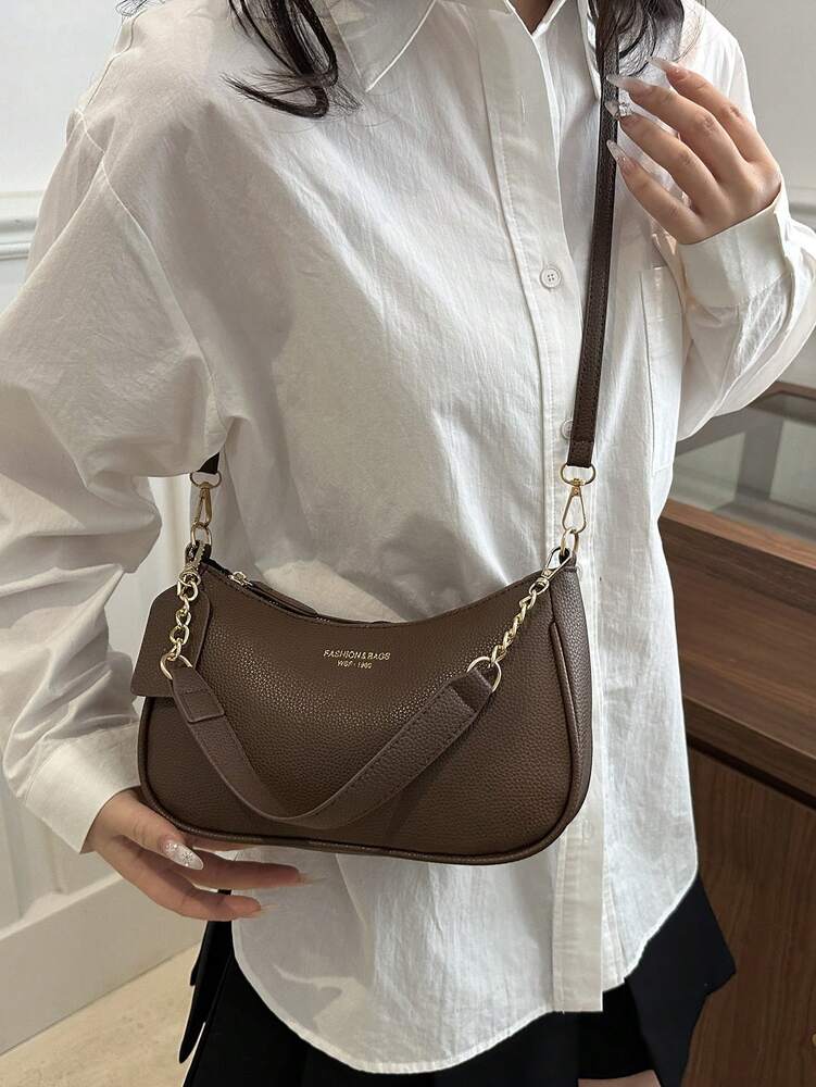 Solid Color Letter Print Crossbody Bag With Chain Strap Simple Armpit Purse Fashion Shoulder Tote For Office Travel School Business Use