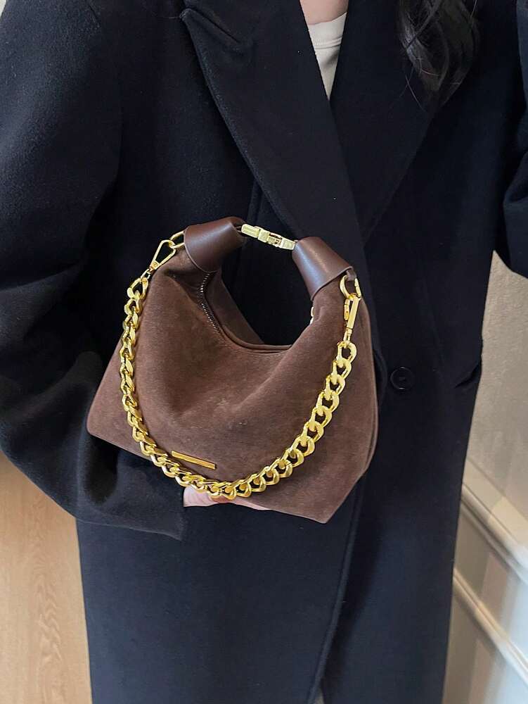 Women's Retro Suede Underarm Bag With Chain Strap Lightweight Fashion Shoulder Purse Elegant Casual Office Commuter Autumn Daily Wear