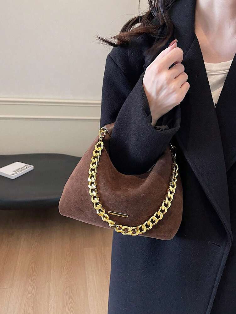 Women's Retro Suede Underarm Bag With Chain Strap Lightweight Fashion Shoulder Purse Elegant Casual Office Commuter Autumn Daily Wear