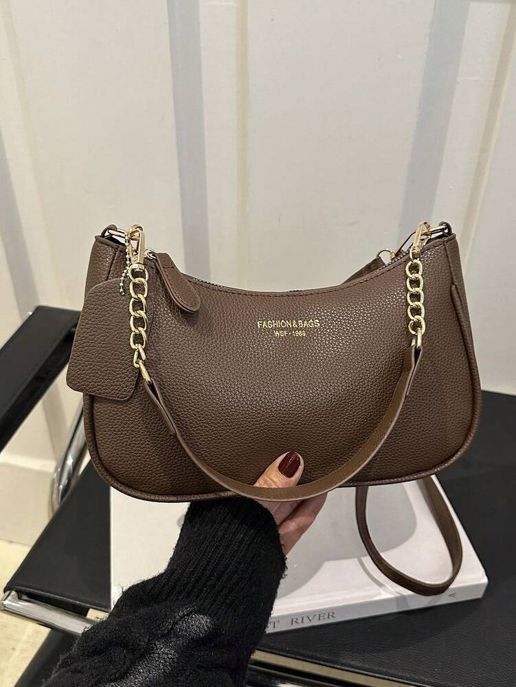 Solid Color Letter Print Crossbody Bag With Chain Strap Simple Armpit Purse Fashion Shoulder Tote For Office Travel School Business Use