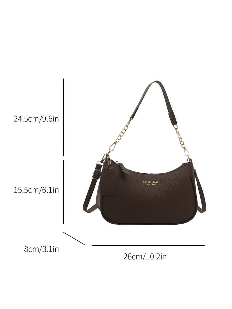 Solid Color Letter Print Crossbody Bag With Chain Strap Simple Armpit Purse Fashion Shoulder Tote For Office Travel School Business Use