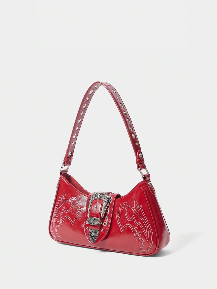 Women's Red Western Style Boho Shoulder Bag With Buckle And Embroidery Retro Cowgirl Purse Festival Party Coachella Casual Fashion Bag