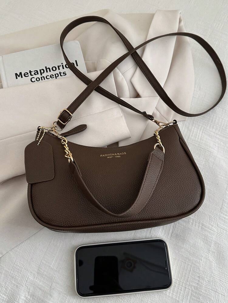 Solid Color Letter Print Crossbody Bag With Chain Strap Simple Armpit Purse Fashion Shoulder Tote For Office Travel School Business Use