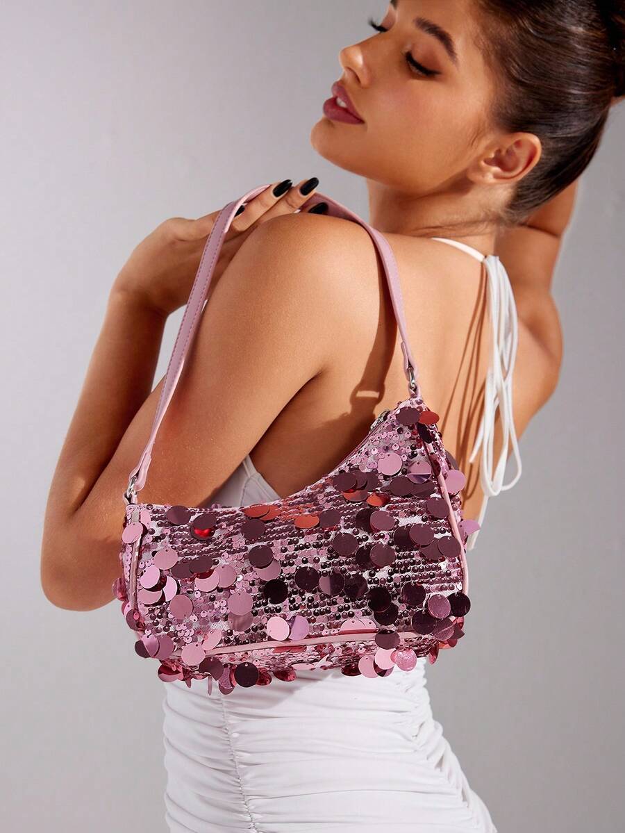 Women's Sequin Shoulder Bag With Beaded Decoration Elegant Evening Party Club Dinner Purse Sparkly Fashion Handbag Night Out Accessory