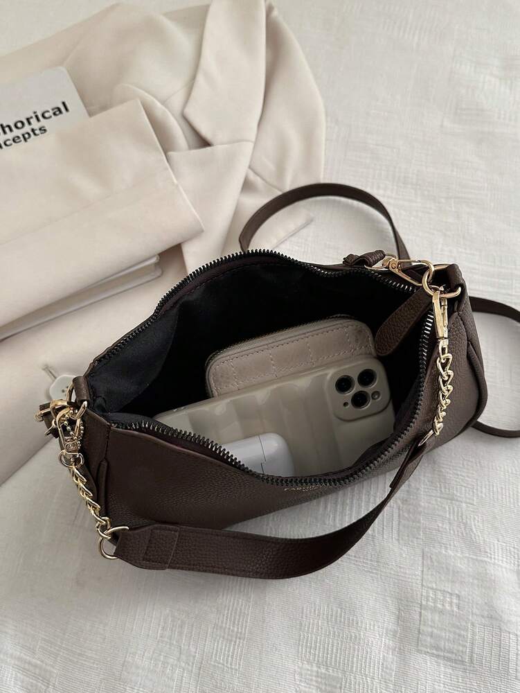 Solid Color Letter Print Crossbody Bag With Chain Strap Simple Armpit Purse Fashion Shoulder Tote For Office Travel School Business Use
