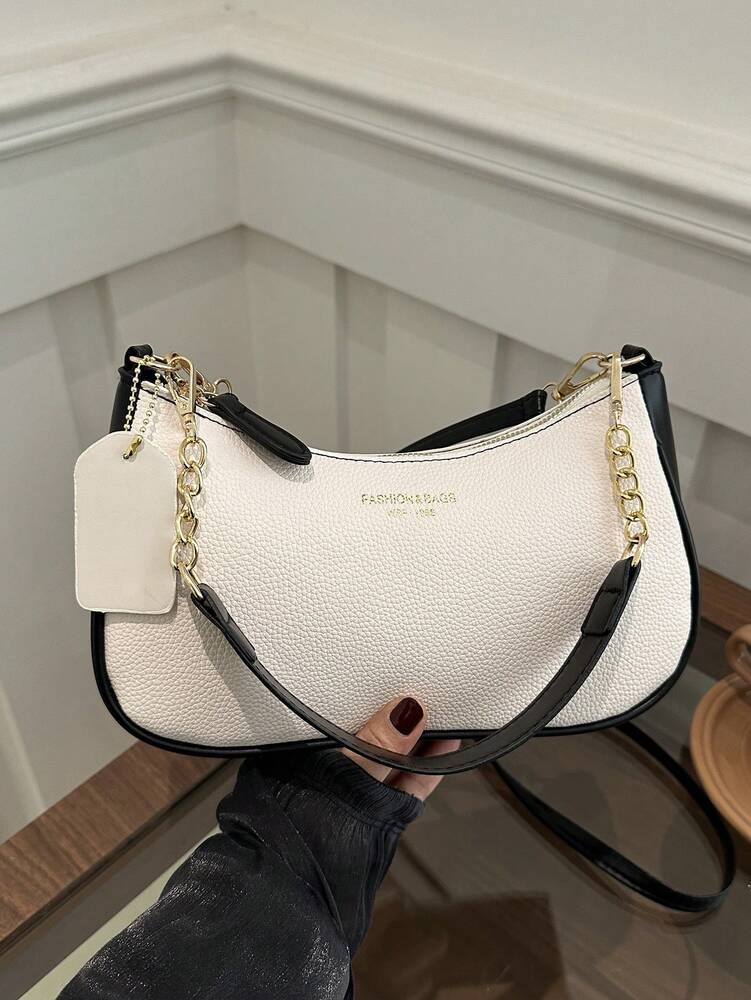 Solid Color Letter Print Crossbody Bag With Chain Strap Simple Armpit Purse Fashion Shoulder Tote For Office Travel School Business Use