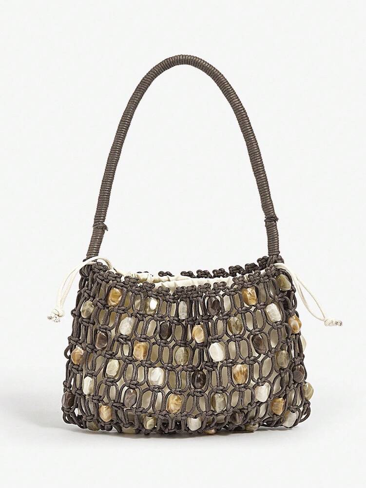 Women's Crochet Shoulder Bag With Acrylic Beads Elegant Hobo Purse Vacation Beach Summer Holiday Seaside Party Fashion Tote For Ladies