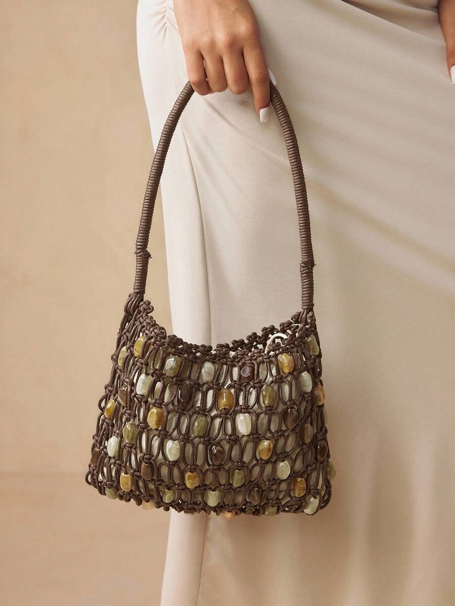 Women's Crochet Shoulder Bag With Acrylic Beads Elegant Hobo Purse Vacation Beach Summer Holiday Seaside Party Fashion Tote For Ladies
