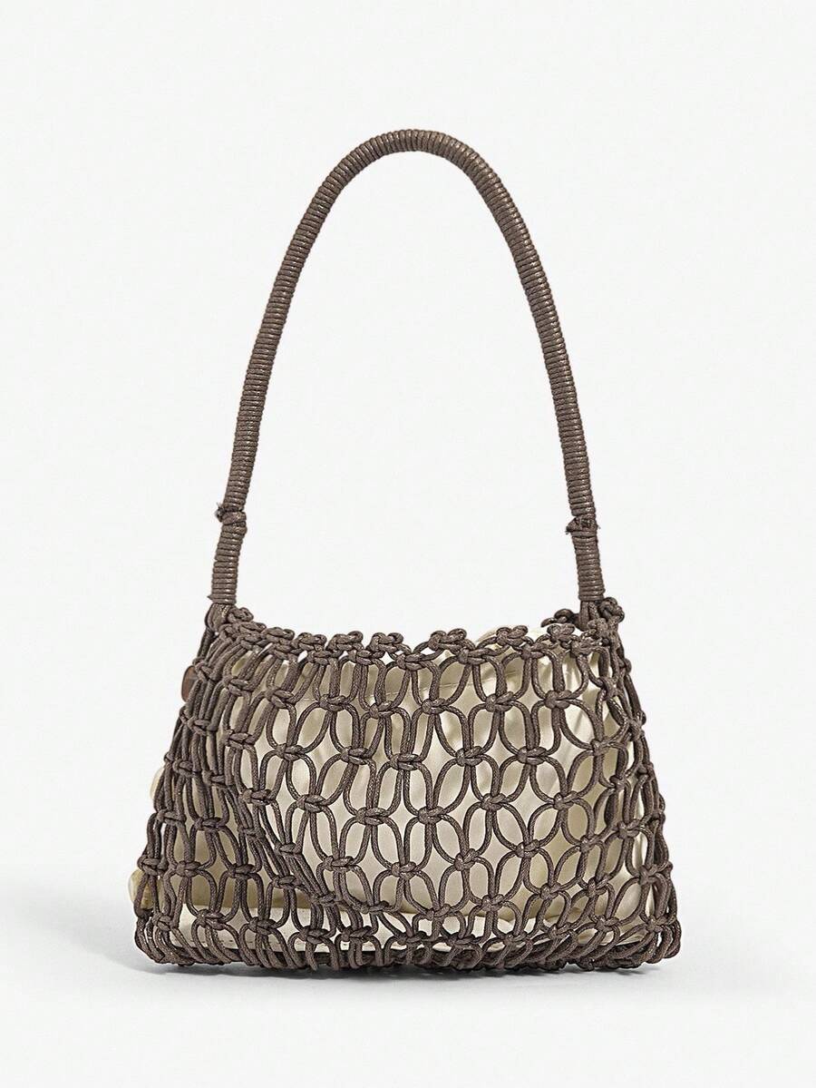 Women's Crochet Shoulder Bag With Acrylic Beads Elegant Hobo Purse Vacation Beach Summer Holiday Seaside Party Fashion Tote For Ladies