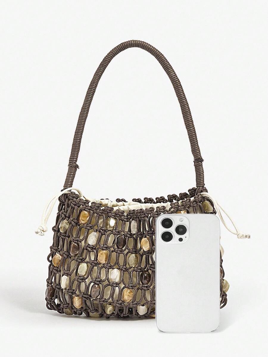 Women's Crochet Shoulder Bag With Acrylic Beads Elegant Hobo Purse Vacation Beach Summer Holiday Seaside Party Fashion Tote For Ladies