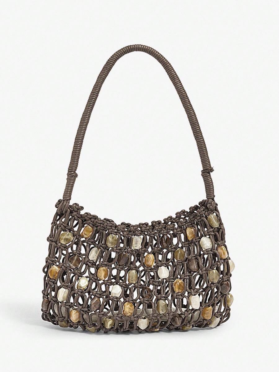 Women's Crochet Shoulder Bag With Acrylic Beads Elegant Hobo Purse Vacation Beach Summer Holiday Seaside Party Fashion Tote For Ladies