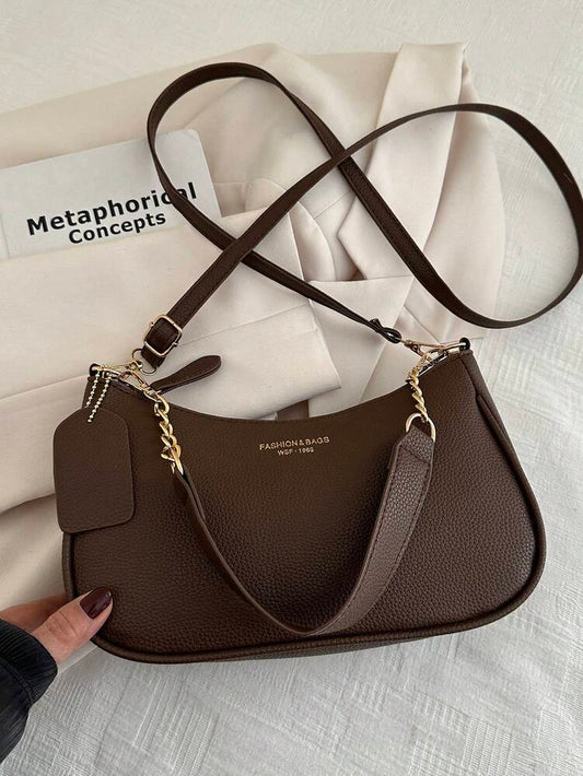 Solid Color Letter Print Crossbody Bag With Chain Strap Simple Armpit Purse Fashion Shoulder Tote For Office Travel School Business Use