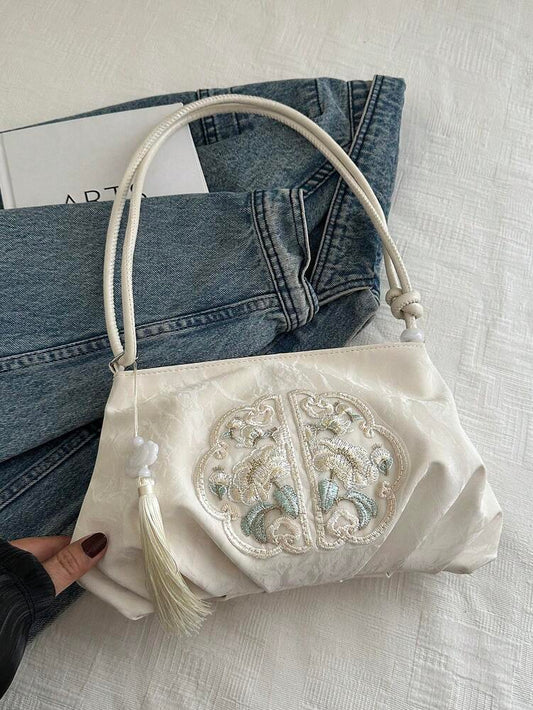 Solid Color Pleated Cloud Shoulder Bag With Embroidered Fringe Fashion Tote For Shopping College Work Business Travel Office Casual Use