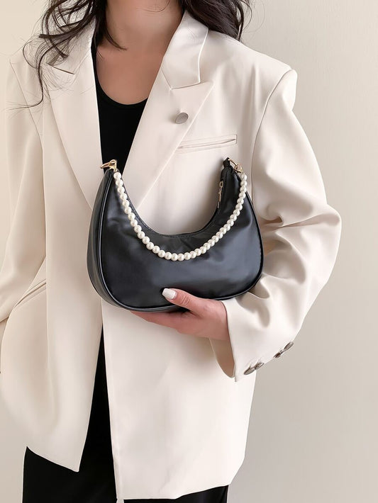 Solid Color Crescent Moon Handheld Bag With Faux Pearl Chain Matte Vintage Arc Underarm Purse Fashion Shoulder Handbag For Women Girls