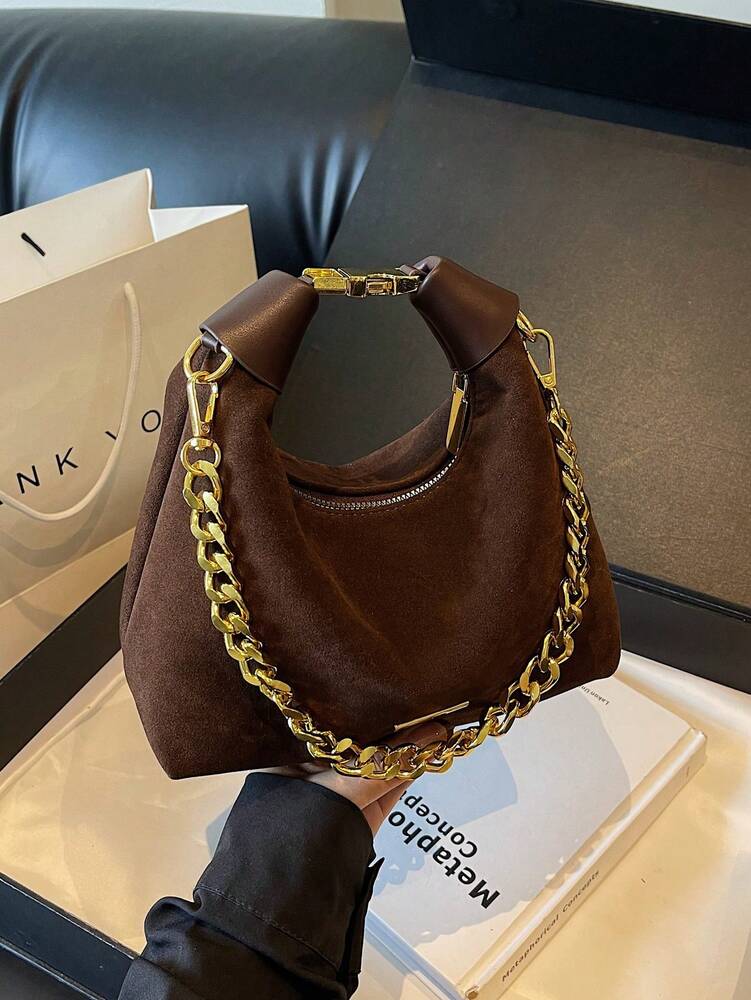 Women's Retro Suede Underarm Bag With Chain Strap Lightweight Fashion Shoulder Purse Elegant Casual Office Commuter Autumn Daily Wear