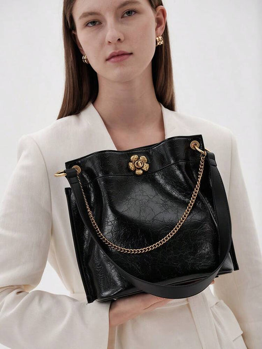 Women's Large Capacity Black Bucket Bag Fashion Shoulder Handbag Casual PU Leather Tote For Business Office Work School Travel Dating